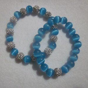 Handmade Blue & White/Clear Stretch Bracelet Set